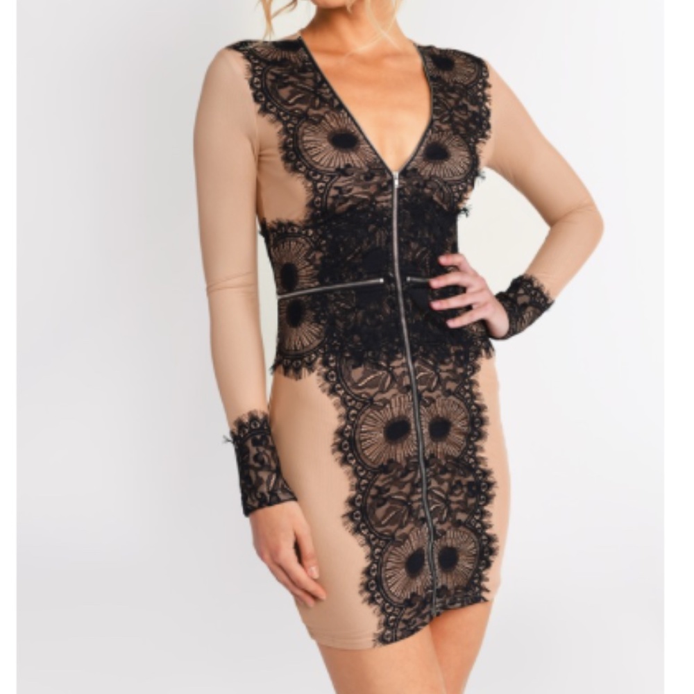 Black And Nude Dress - Lace Dress - Bodycon